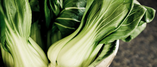 Bok choy in a stainless steel colander