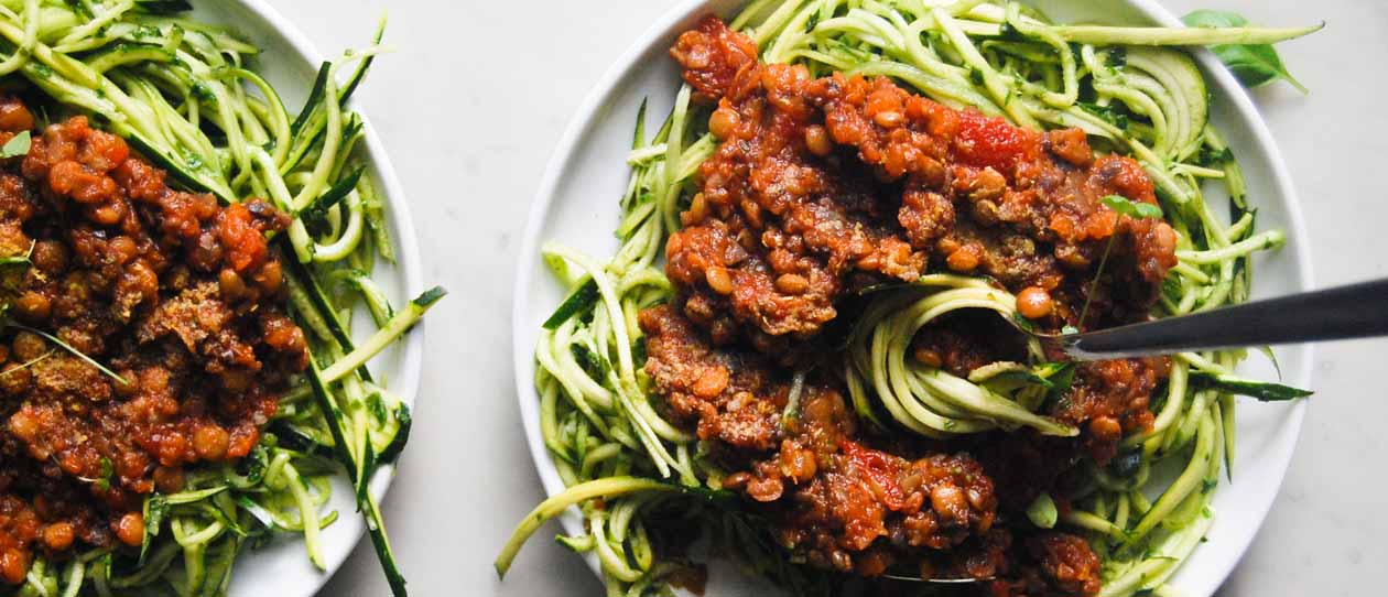Easy mushroom and lentil Bolognese with pesto zoodles | Blackmores