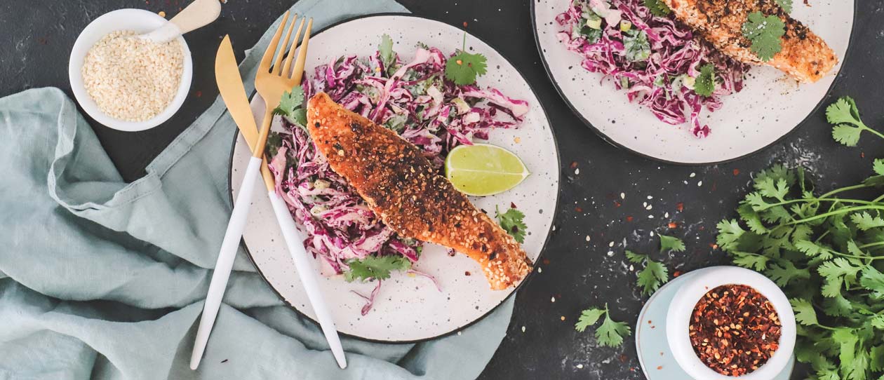 Chilli crusted salmon and crunchy slaw