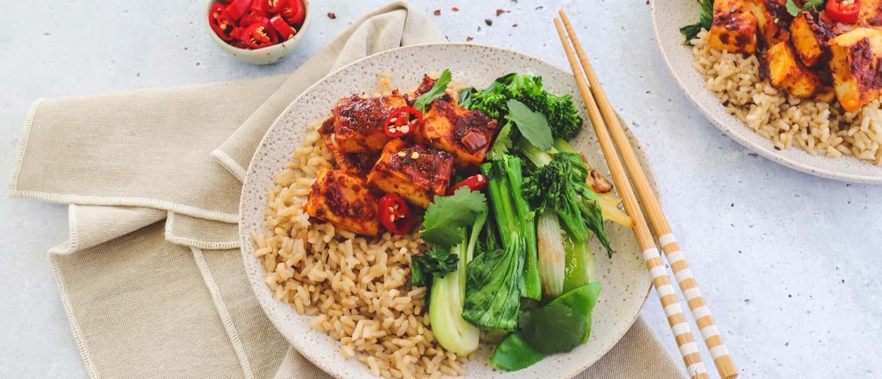 Ginger, greens & chilli baked tofu